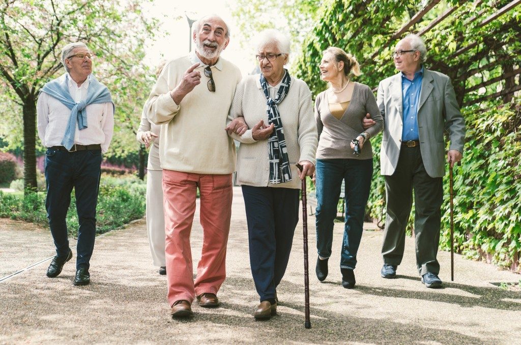 Seniors walking at a park
